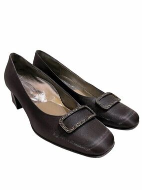 Sandro Vicari Black Textile Evening Shoes Size 37.5" Jeweled Buckle Block Heel